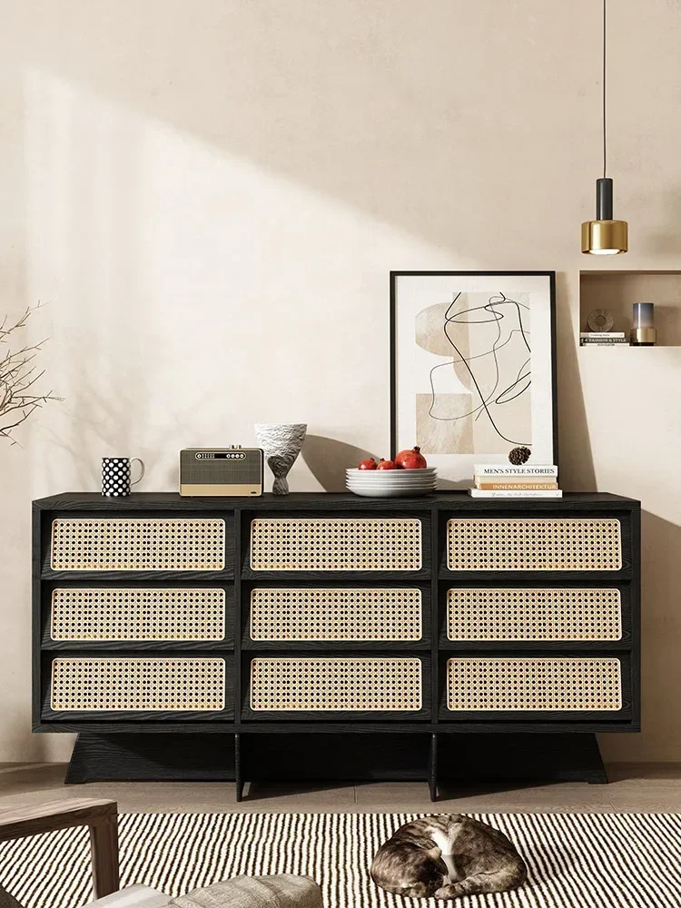 Nordic rattan nine chest cabinet simple living room entrance cabinet Japanese solid wood