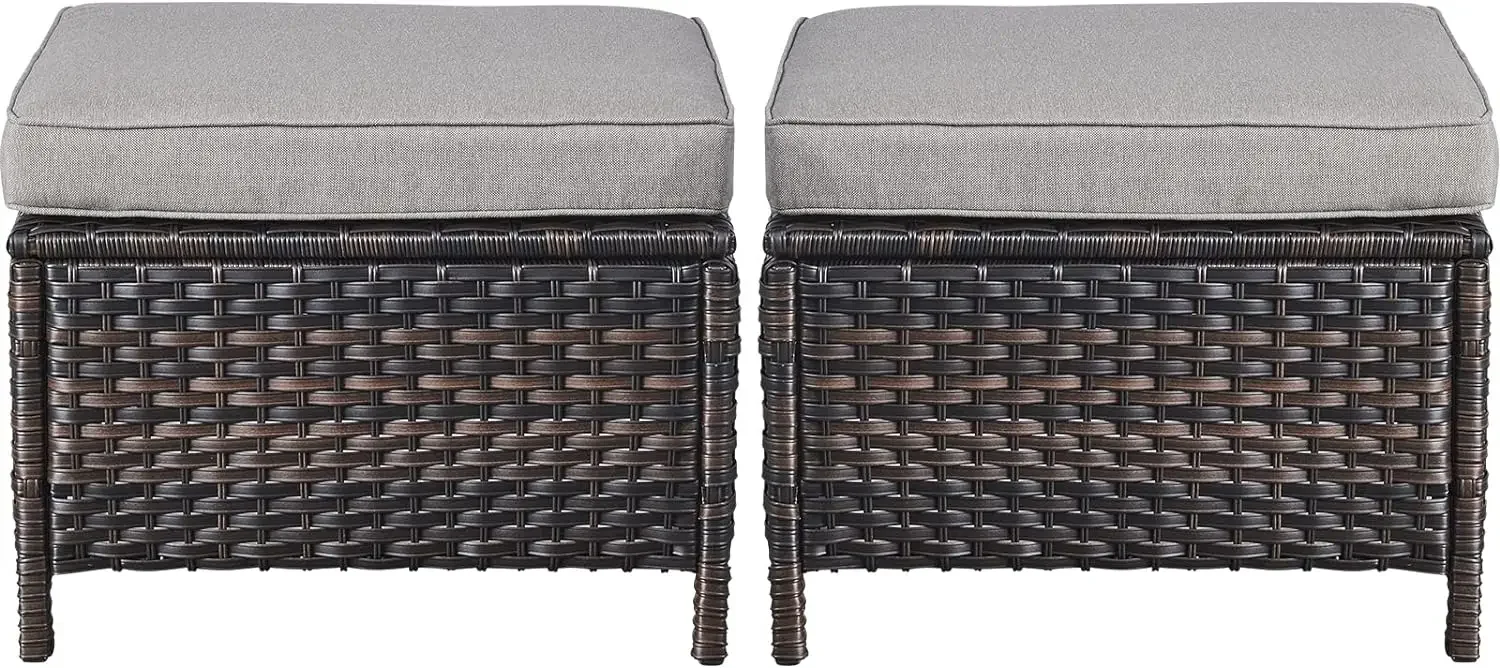 

Outdoor Furniture Ottoman Set of 2 Patio Seating Footstool All-Weather Rattan Wicker Ottoman Seat with Soft Cushions