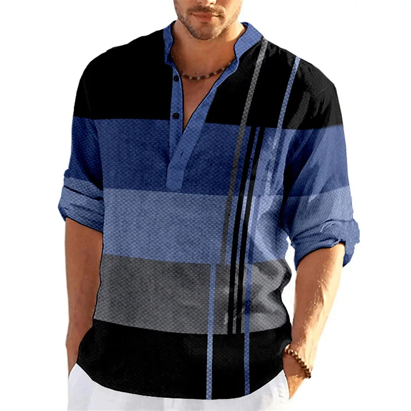 Vintage Mens Shirt Cross Printed 2025 Spring Autumn Long sleeves Casual V-Neck Button Oversized Men Patchwork T Shirt Plaid Tops