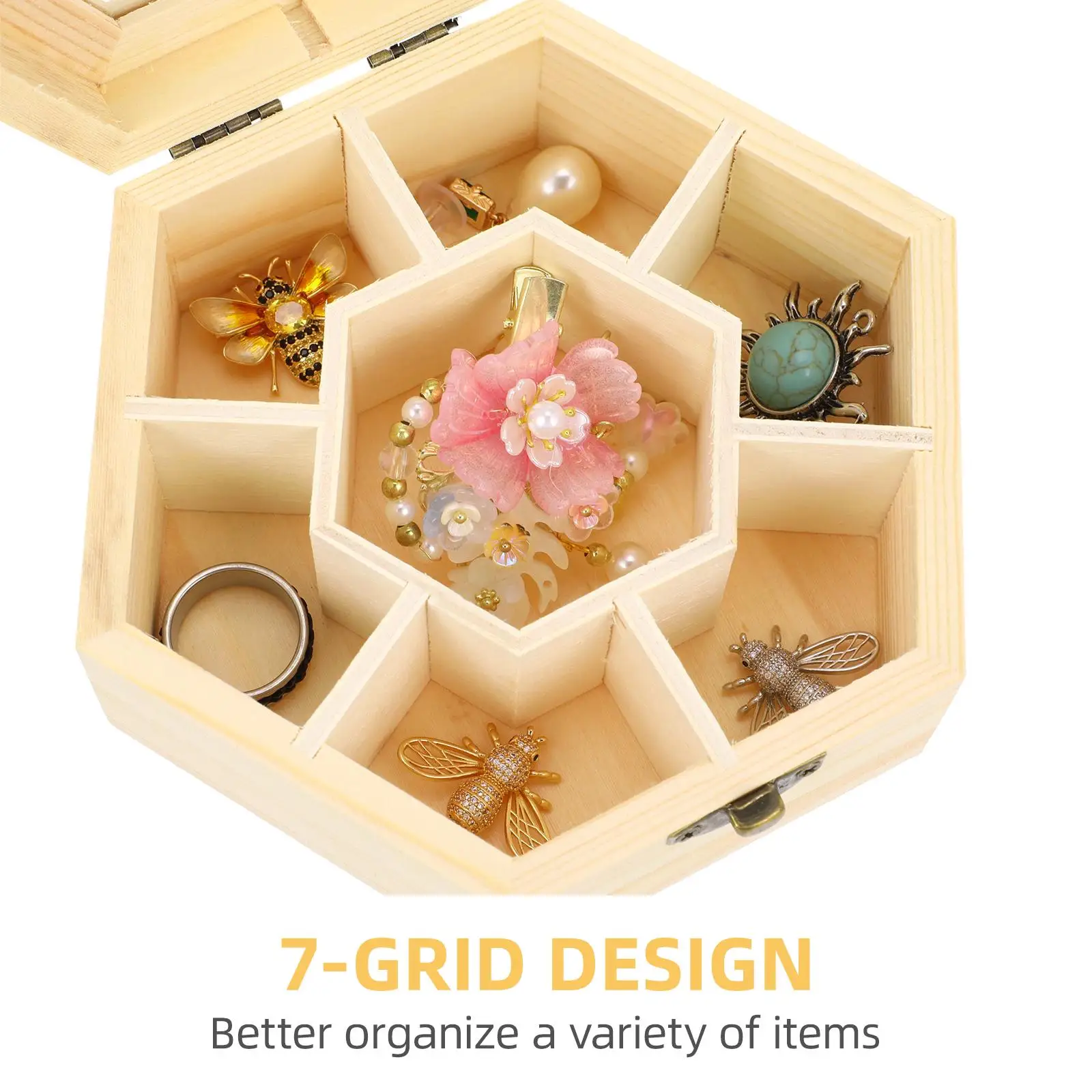 Hexagon Jewelry Box Wooden Storage Container Handmade DIY Boxes Rings Earrings Beads Small Size Premium Material Smooth Surface