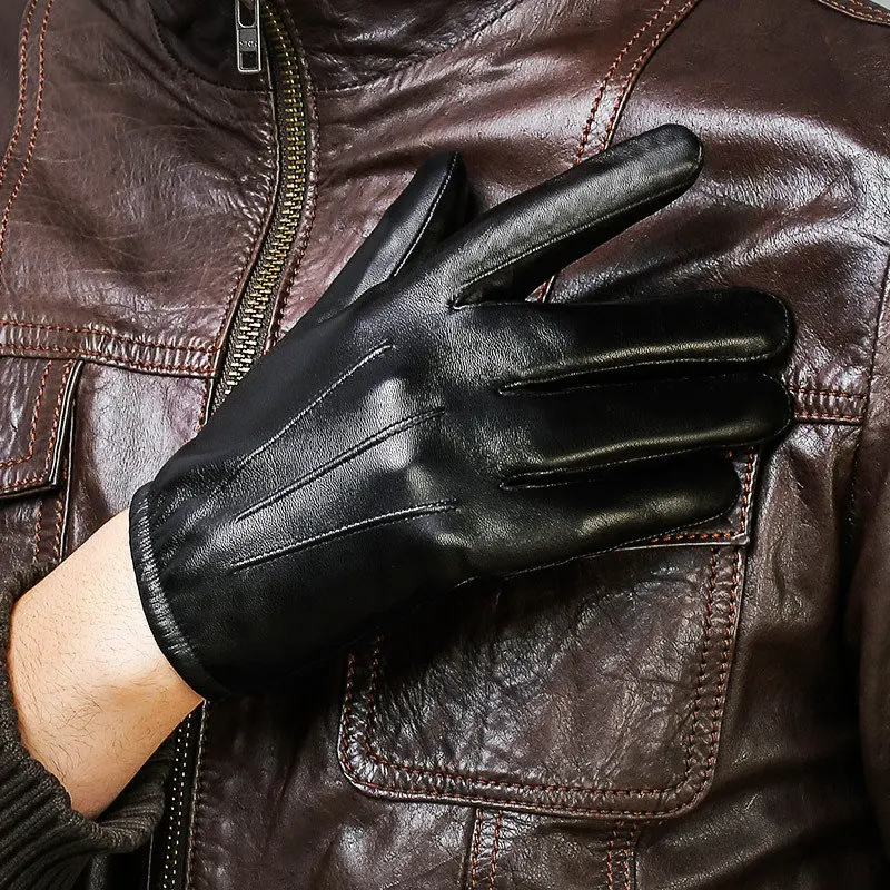 Real Leather Gloves Men Autumn Winter Fashion Black Basic Short Style Sheepskin Driving Gloves Male WF1912