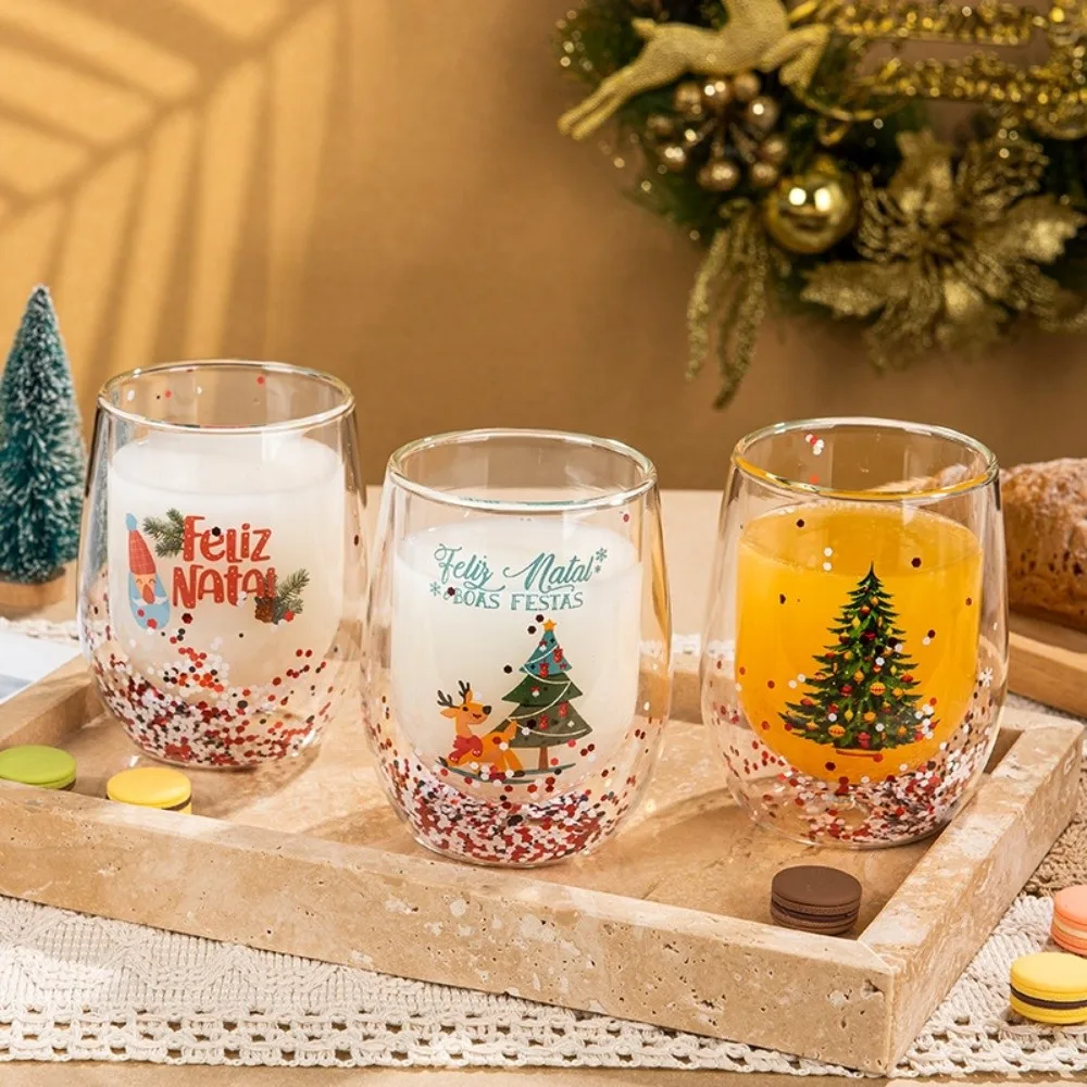 Heat-resistant Double-layer Sequins Christmas Glass Cup Transparent Reusable Coffee Milk Mug Tea Espresso Cup Xmas Art