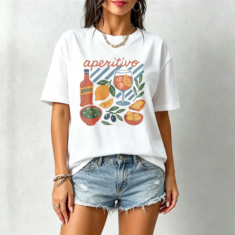 Trendy Italian Amalfi Coast Women Shirt Aperol Spritz Cocktail Bottle Orange Snacks Graphic Cotton Tees Seaside Picnic Tops