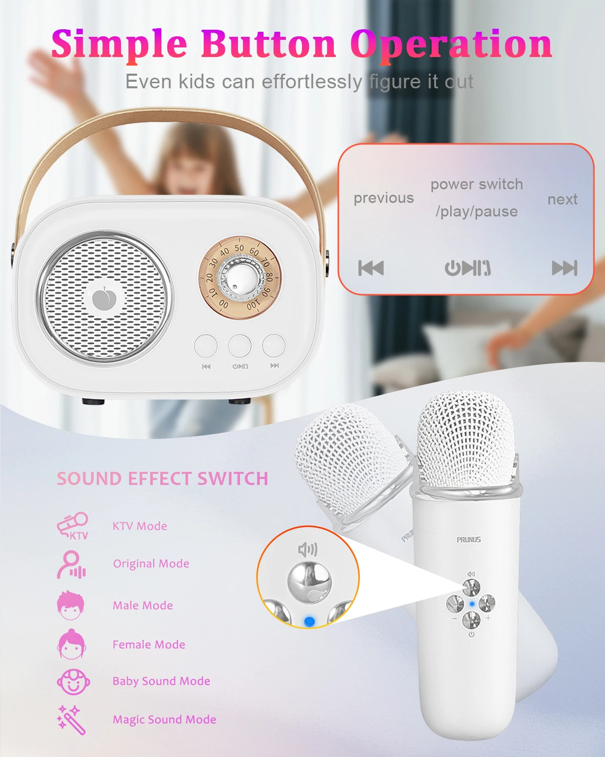 PRUNUS C20 Mini sprzęt do Karaoke przenośny głośnik Bluetooth mikrofon bezprzewodowy 6 trybów na przyjęcie dla dzieci prezenty urodzinowe dla