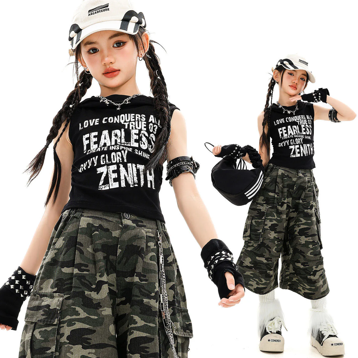 

Kid Hip Hop Clothing Black Mock Neck Crop Hoodie Tank Top Camo Casual Cargo Shorts Middle Pants for Girl Dance Costumes Clothes