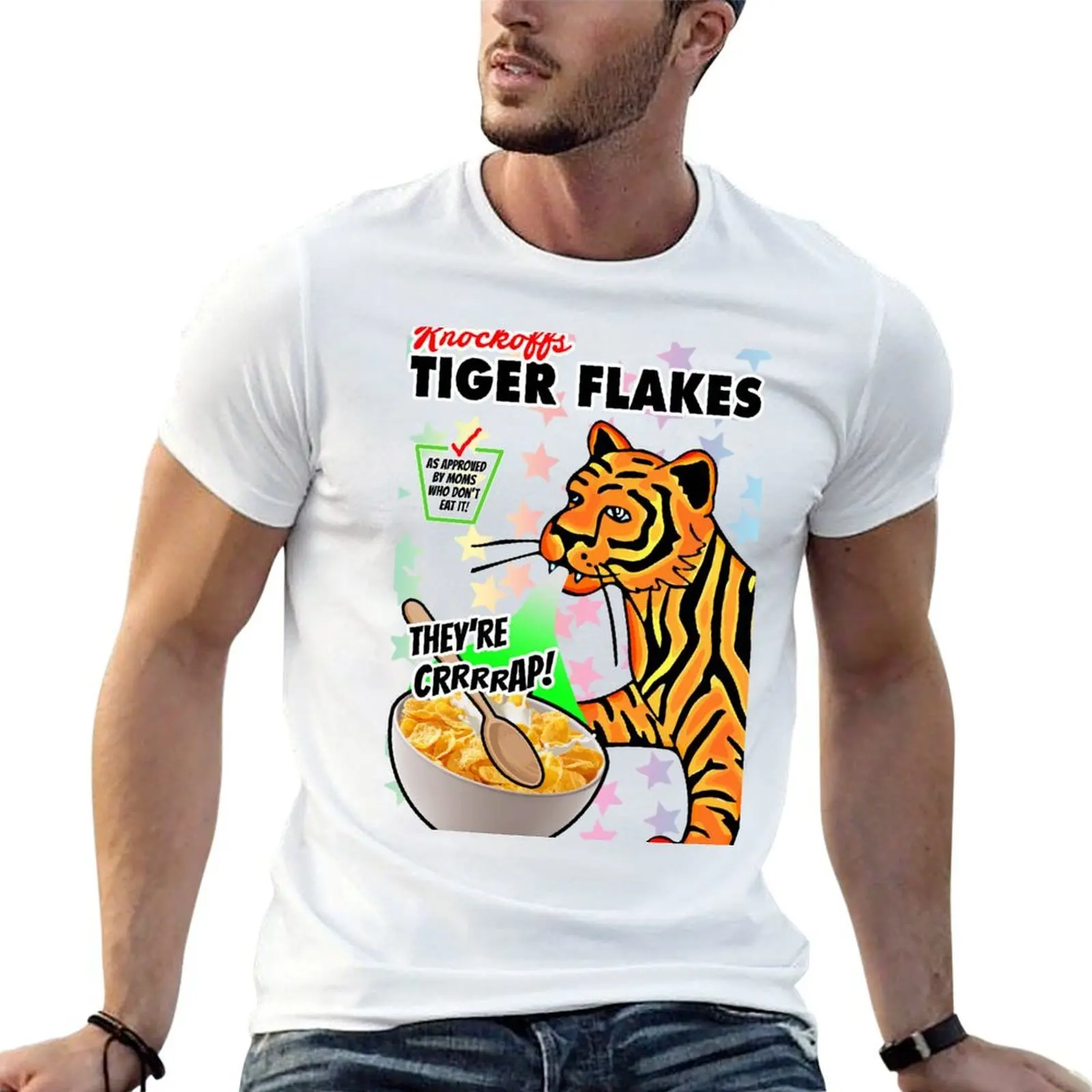 Cereal de desayuno Knockoff: ¡Flakos de tigre: kinda esmerilado! Camiseta hombre camiseta pesada algodón hombres camiseta algodón 100% camiseta