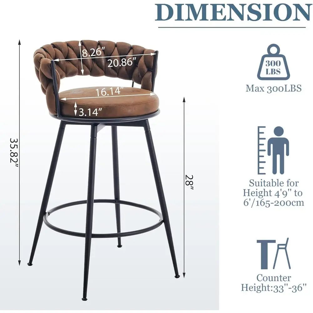 360° Swivel Bar Stools Set o 2, 28 inch Counter Height Bar Stools ern Barstools with Woven Back and Suede abric, Metal e & ootre - view 2