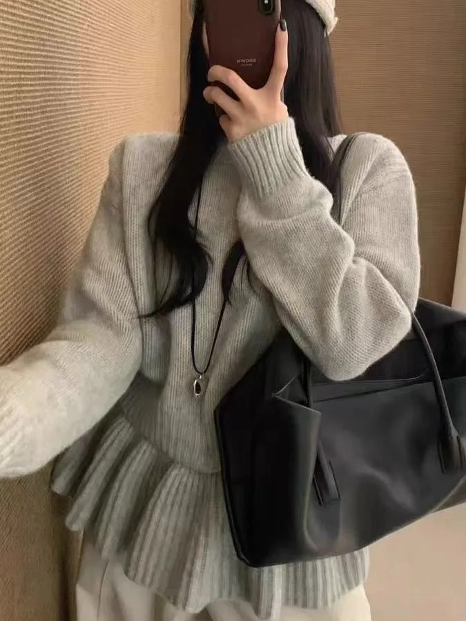 الكورية Sle جولة Ne محبوك سترة المرأة لينة مريحة كسول Sle تنوعا للإزالة تنورة الستار تصميم الخريف الشتاء N... #2