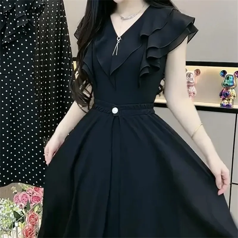 Fashion Dress Set Women's 2024 Summer New Polka Dot Style Sweet and Slim Ruffle Dress+Apron Two Piece Set Black V-Neck Dress Lad