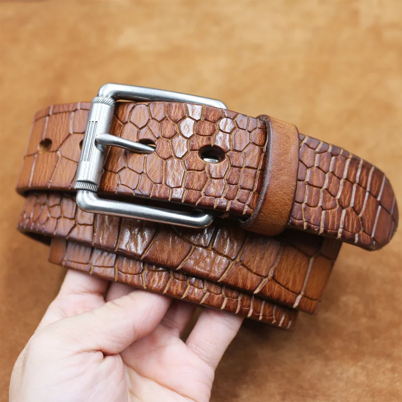 Western Thicken 3.8CM Wide Cowhide Leather Alligator Pattern Pin Buckle Men Belt Fashion Genuine Leather Jeans Belt for mens