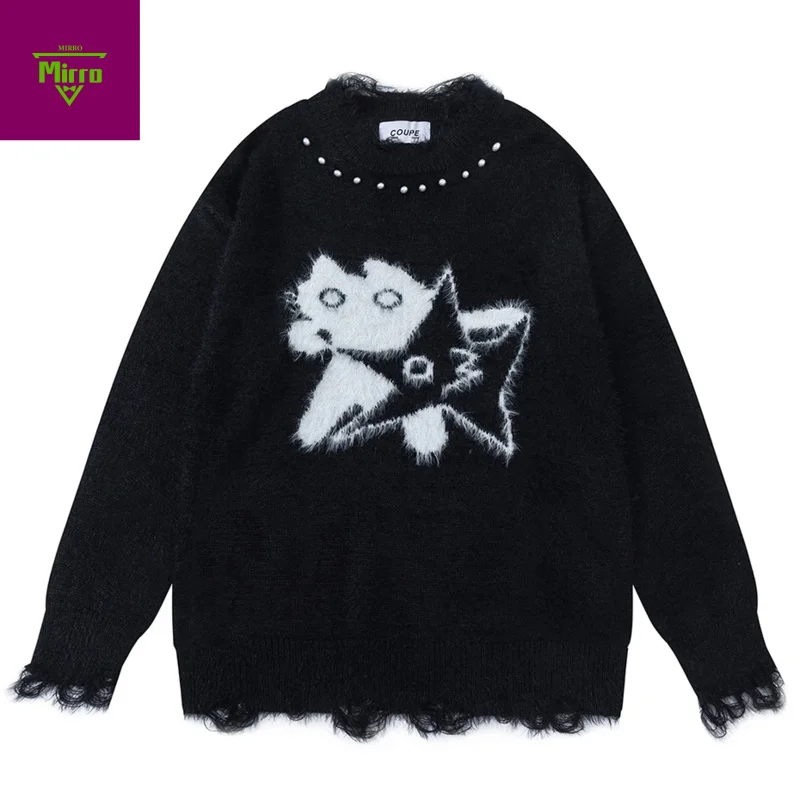 

Винтажные свитера Y2K, мужские уличные свитера в стиле Харадзюку в стиле хип-хоп, вязаные джемперы со звездами, повседневные свободные свитера, трикотаж