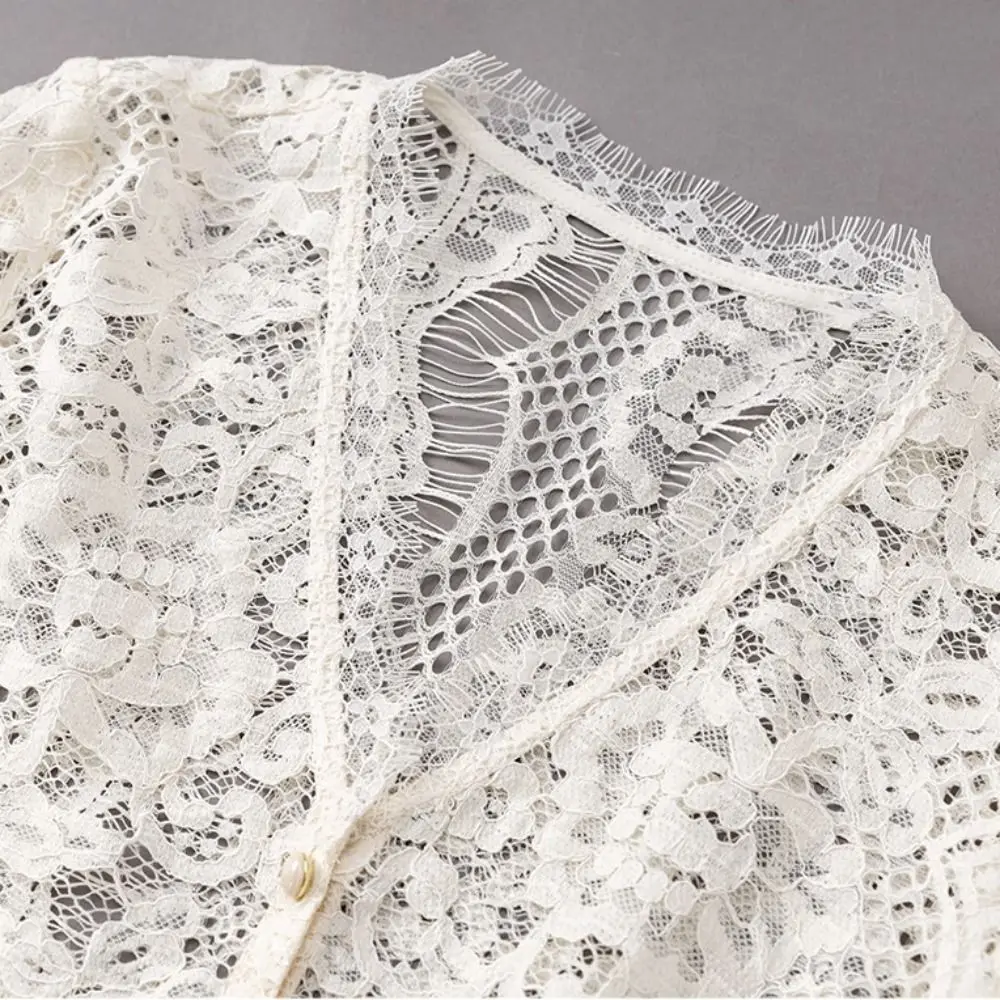

Undertop Chic Lace Shirts for Women Transparent Undershirts Lace Blouse V Neck See Through Hollow Long Sleeve Tops Women