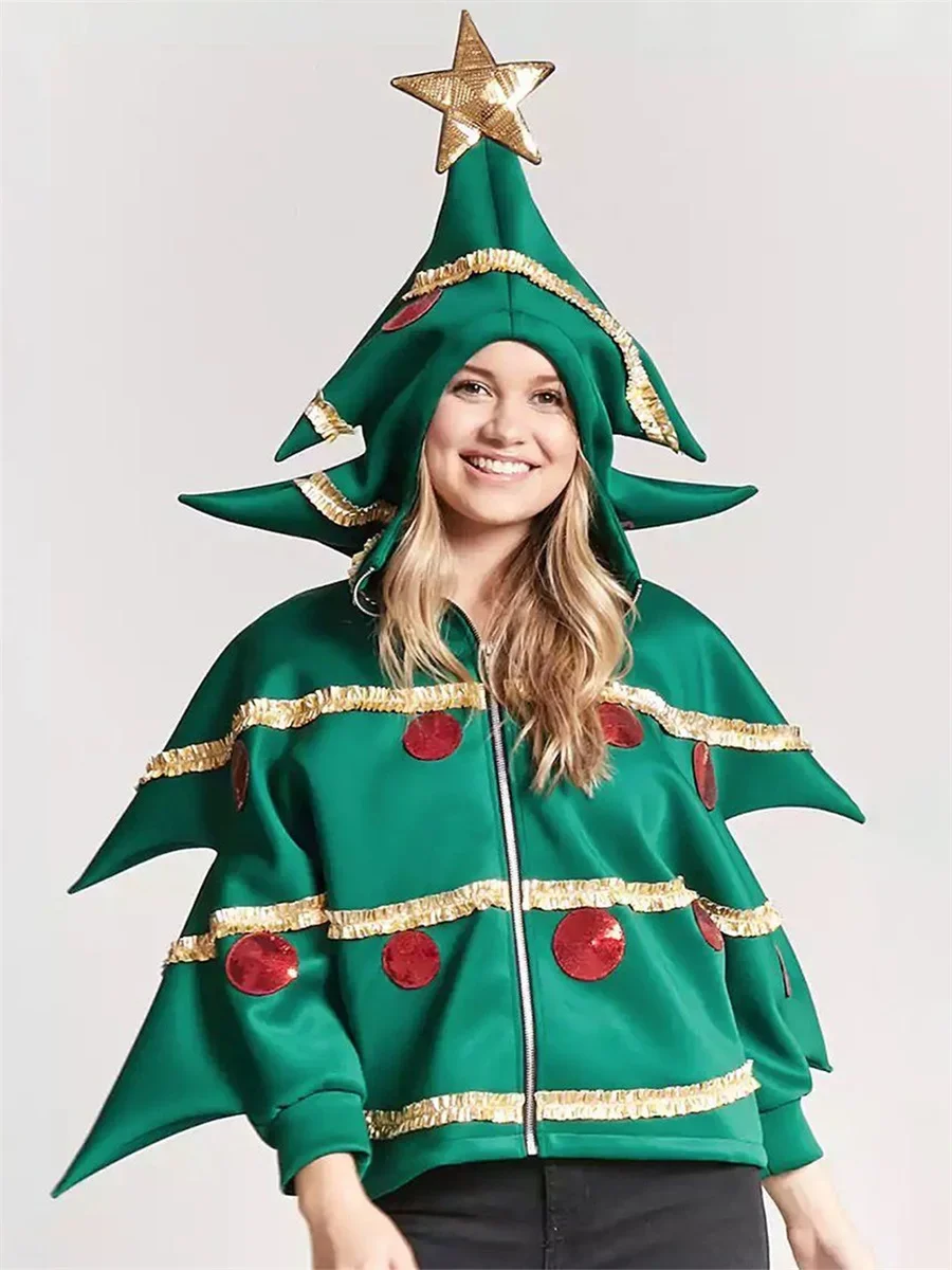 

Christmas Tree Costume for Women Sequins Green Christmas Tree Costumes Hoodies Sweatshirts Christmas Cosplay Outfit