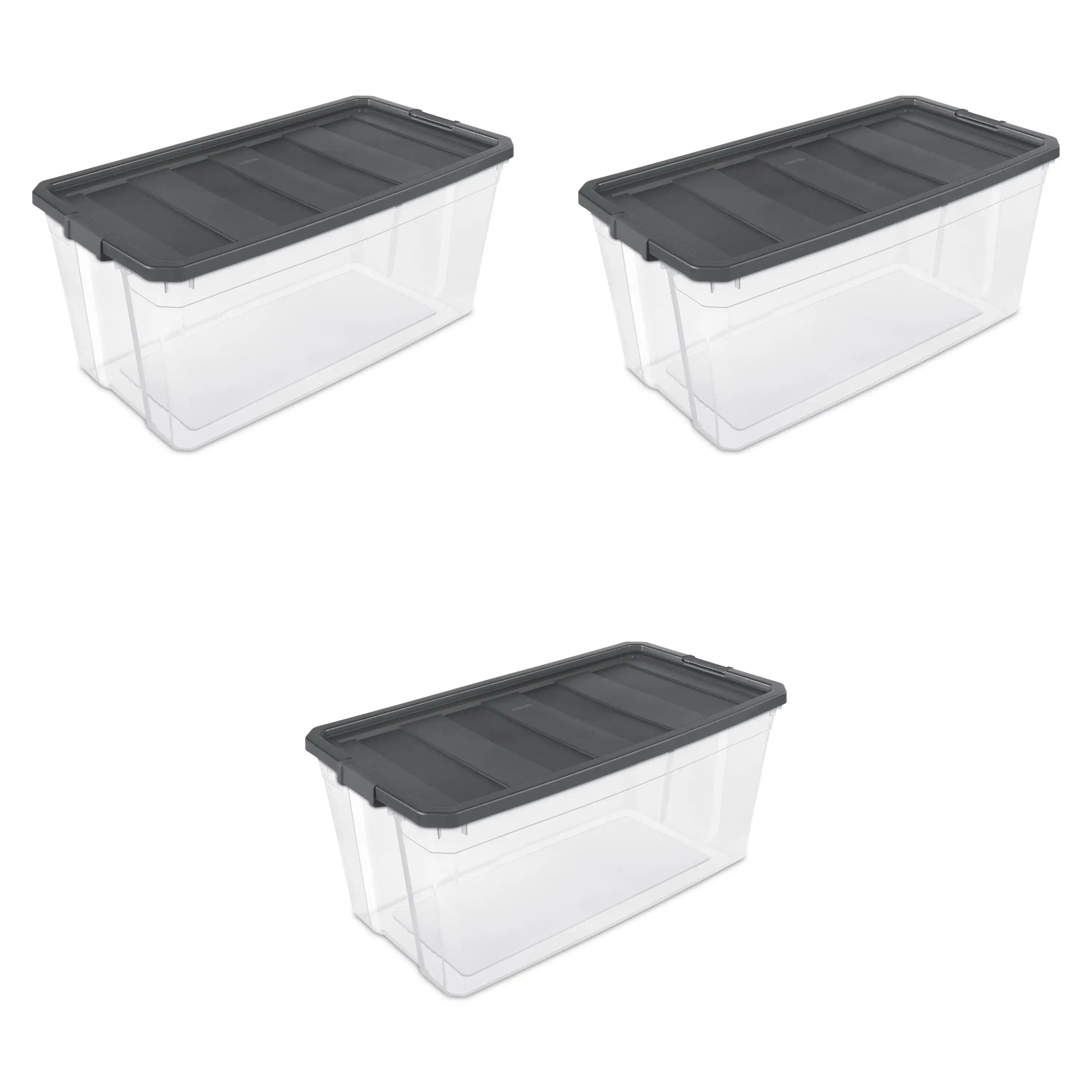 

200 Qt. Stacker Box Plastic Flat Gray Set of 3 Clear Durable Base Allows for Contents To Be Viewed At A Glance and Easy To Find