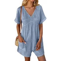 Ladies' Summer Fashion Solid Color Breathable Cotton Linen Casual V-Neck Short Sleeve With Pockets Comfortable Loose Playsuits