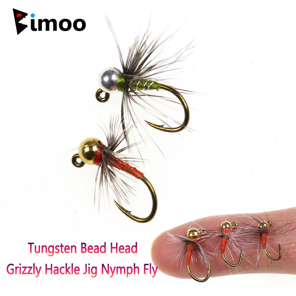 Bimoo 6szt # 12 #   14 # 16 Tungsten Bead Head Grizzly Hackle Jig Nymph Fly Fast Sinking Barbed Wet Euro Nymph Fly Trout Fishing Lure