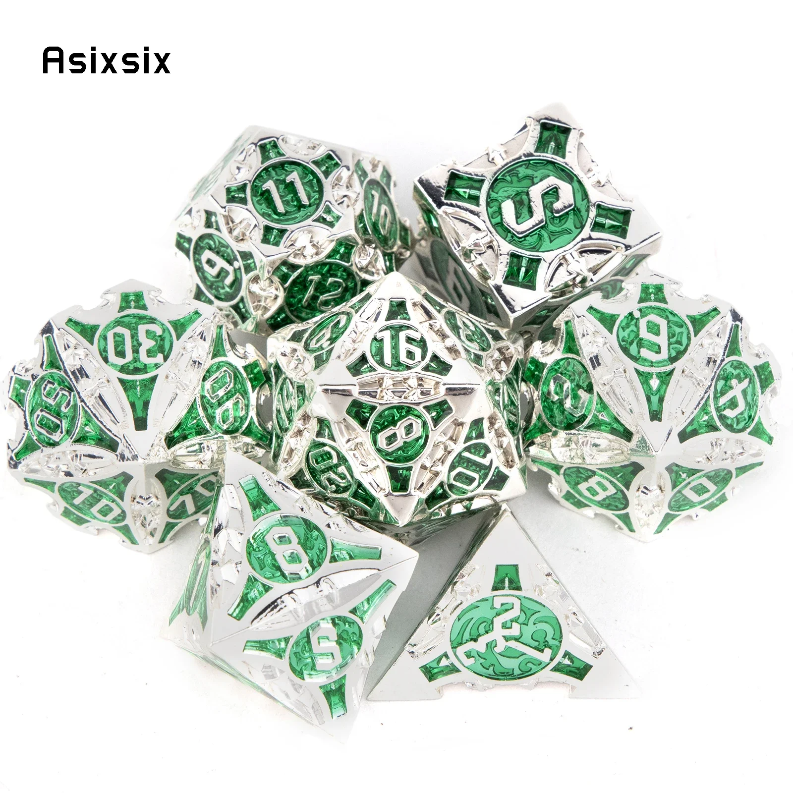 

7 Pcs Silver Green Metal Dice Solid Metal Polyhedral Dice Set Suitable for Role-Playing RPG Board Game Card Game