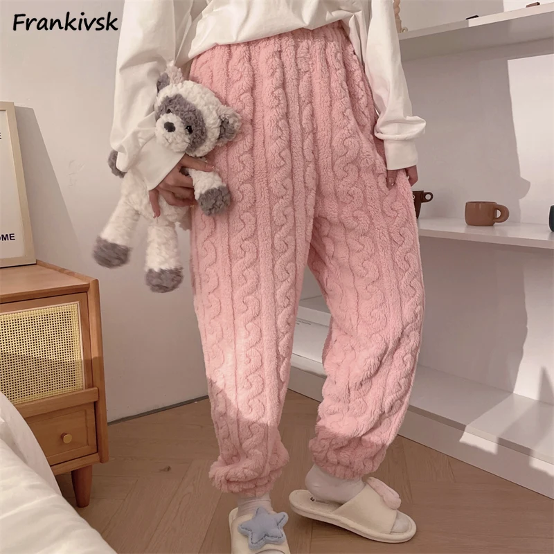 Twist Sleep Bottoms Women Baggy Ankle-tied Home Sweet Schoolgirl Soft Japanese Style Winter Warm Slouchy Simple Solid All-match