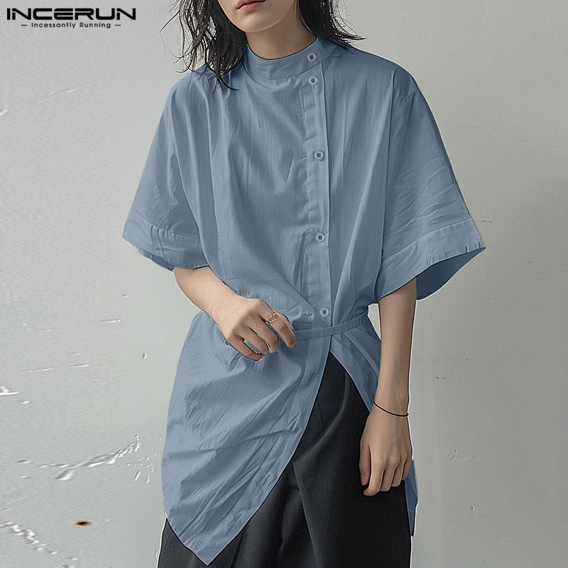 

Handsome Well Fitting Tops INCERUN 2024 Men Half High Neck Solid Irregular Shirts Casual Simple Male Medium Sleeved Blouse S-5XL