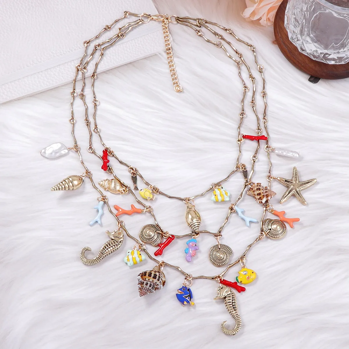 Original light luxury beach shell seahorse colorful fish marine life pendant necklace 3 layers stacked to wear casual vacation w