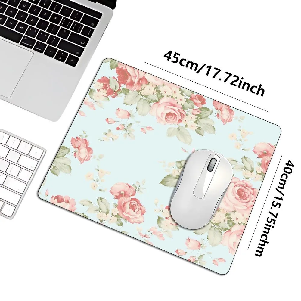Medium Rectangle MousePad Light Blue Background Vintage Pink Rose Floral Print Non Slip Rubber Base 45X40CM For PC Office Laptop
