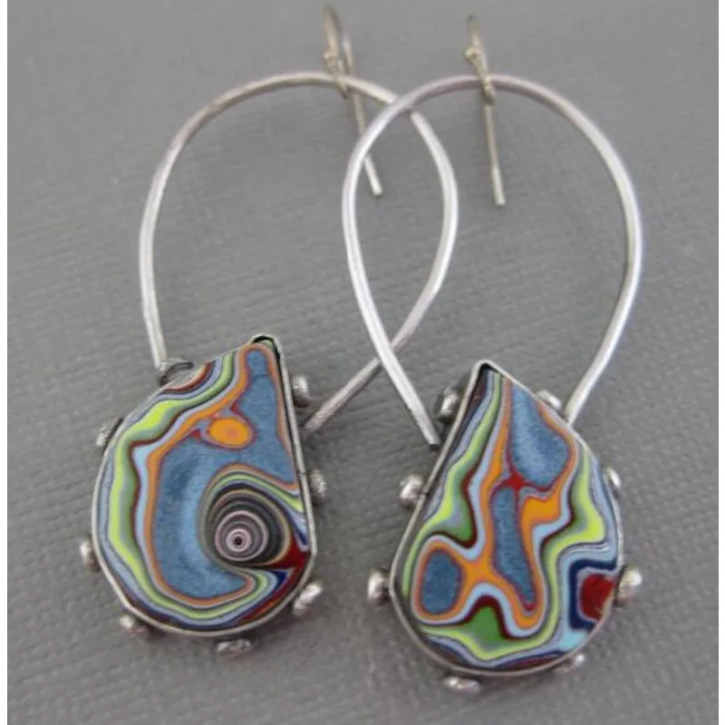 BKBK Antique Silver Teardrop Rainbow Swirl Fordite Open Wire Hoop Dangle Women Earrings Wedding Earrings for Valentine Christmas 4th of July Abstract Art Boho Bridal Jewelry for Brides Bridesmaids Adult Ladies Art Festival Occasion
