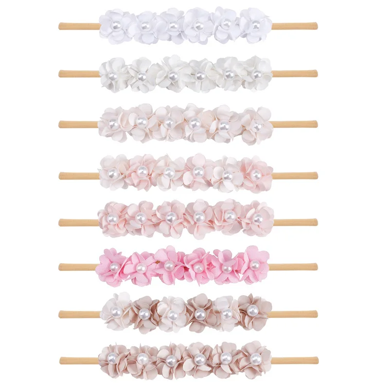 Newborn Baby Nylon Headband Sextuple Flowers WIth Pearl Soft Girls Hairband Children Traceless Hair Accessories Toddler Wedding