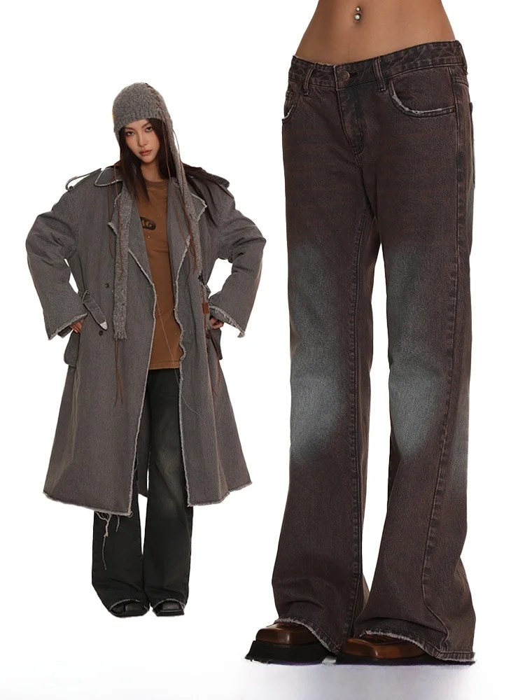 

Джинсы-колокольчики с низкой талией, женские модные уличные брюки для похудения, джинсовые брюки в стиле ретро, весна-осень, смесь хлопка