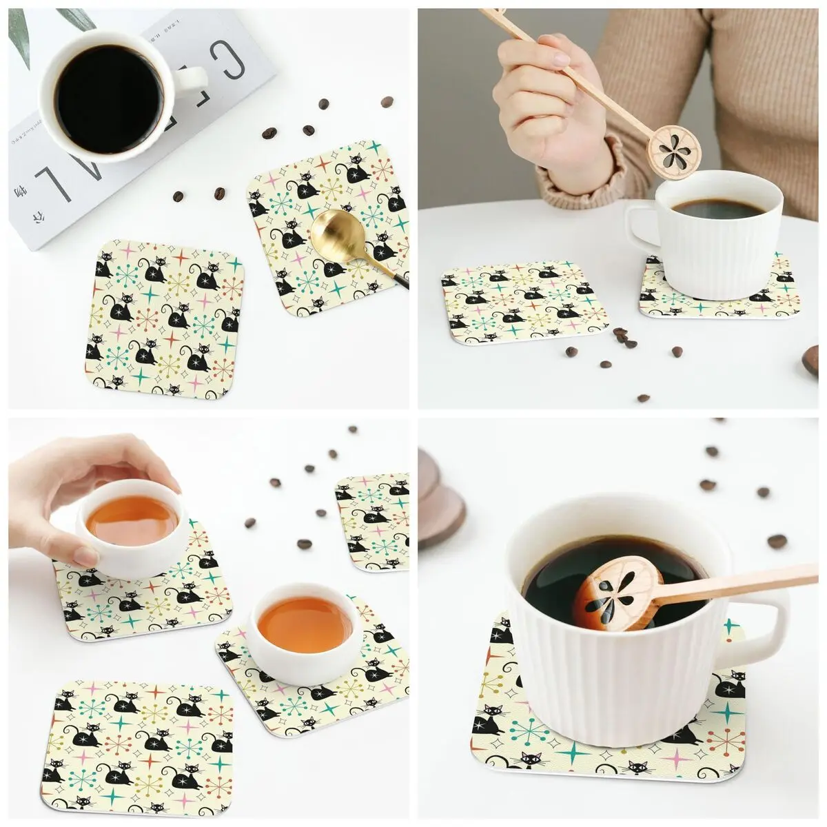 Mid Century Black Atomic Cat With Starbursts Coasters Kitchen Placemats  Insulation Cup Coffee Mats   Tableware Pads Set of 4