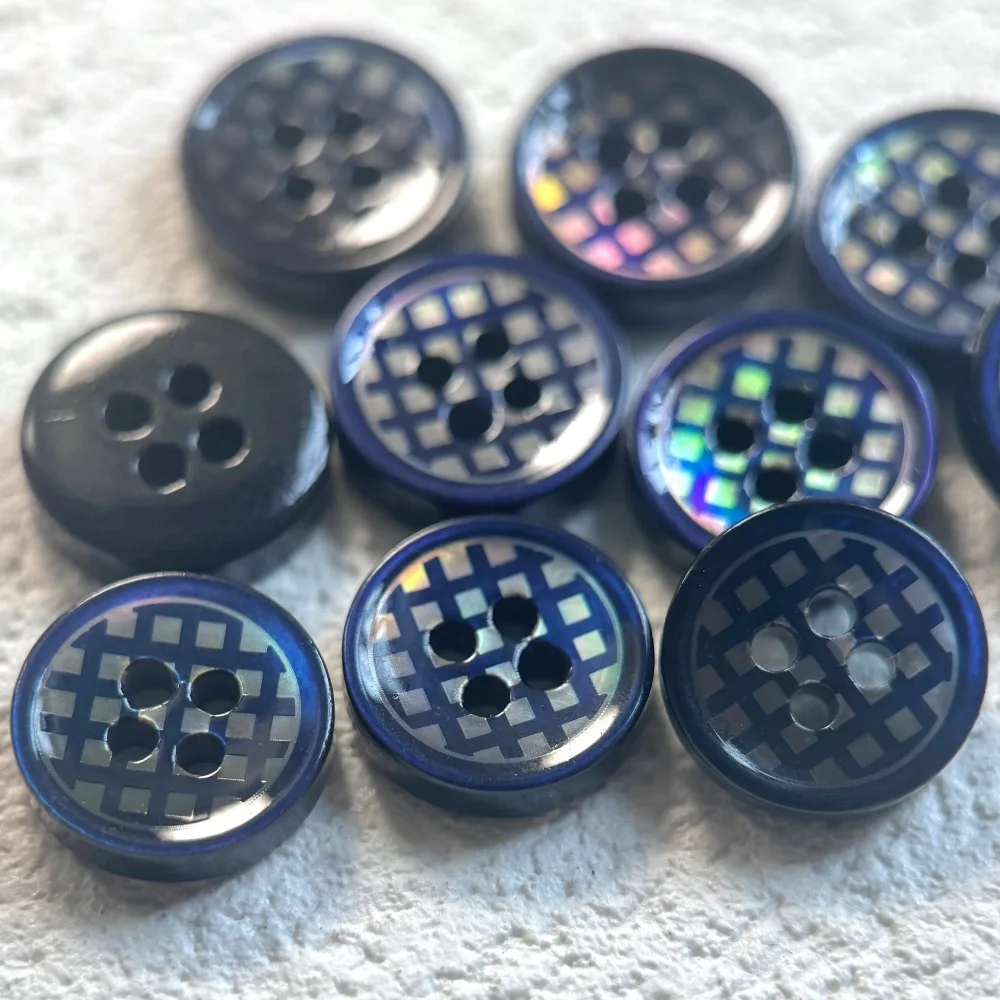 5pcs Blue Shell Buttons Checked Pattern 11.5mm Round Small 4-hole Buttons for Shirt