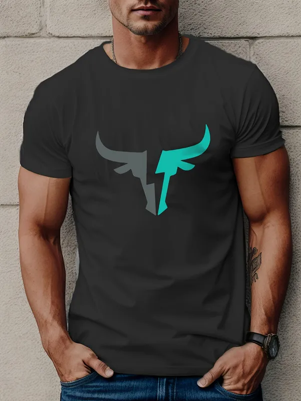 Men's Slim Fit Crew Neck T - Shirt with Color - Block Bull Head Graphic, Cotton, Black, Athletic Street Style, All - Season Casual Gym/Streetwear, Breathable Comfort