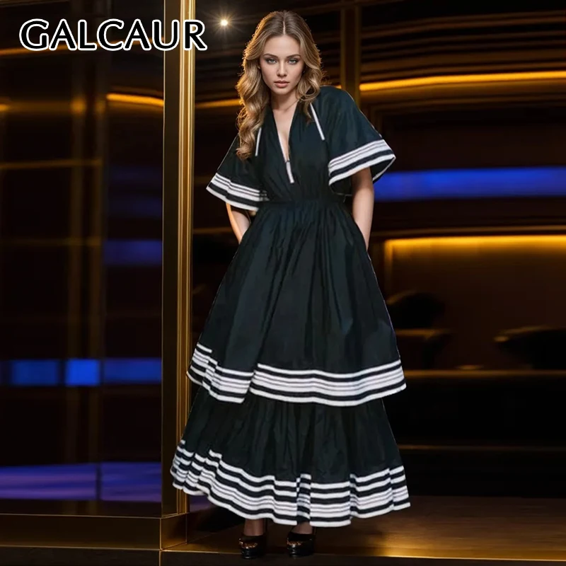 

GALCAUR Striped Colorblock Dresses For Women Round Neck Short Sleeve High Waist Spliced Ruffled Loose Style A Line Dress Female