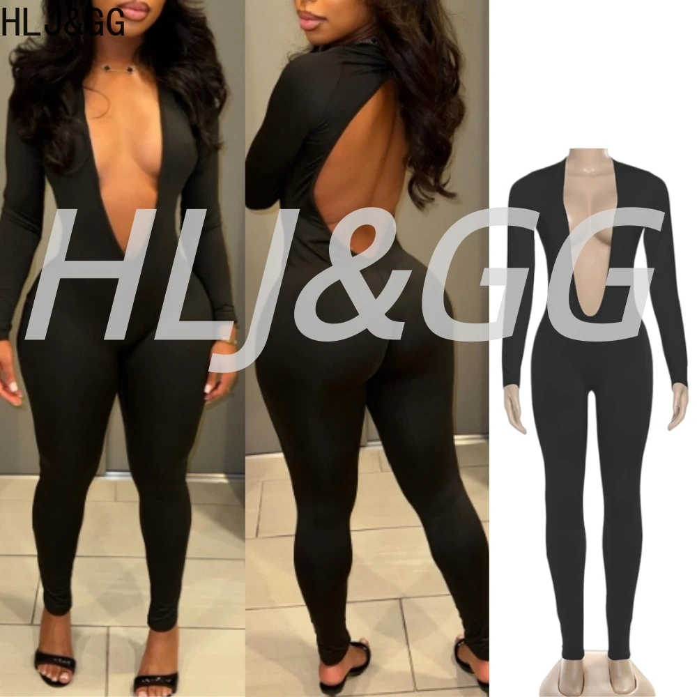 HLJ & GG بدلة قفز مثيرة عميقة على شكل حرف V بدون ظهر قطعة واحدة بدلة لعب نسائية ضيقة بأكمام طويلة موضة أنثى نادي الحفلات الصلبة بشكل عام