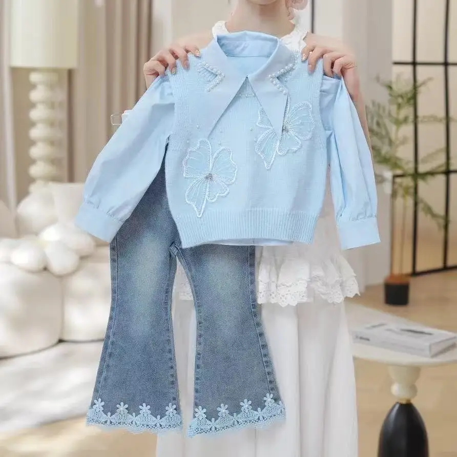 New Children's Clothing 2025 Autumn New  Girl's Sense, Fashion, Western Style, Vest, Korean Edition, Three Piece Set