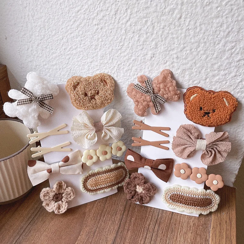 9Pcs/Set Cute Bear Children Hairpin Cartoon Baby Girls Hair Clips Bowknot Knitted Flower Kids Barretees Baby Hair Accessories