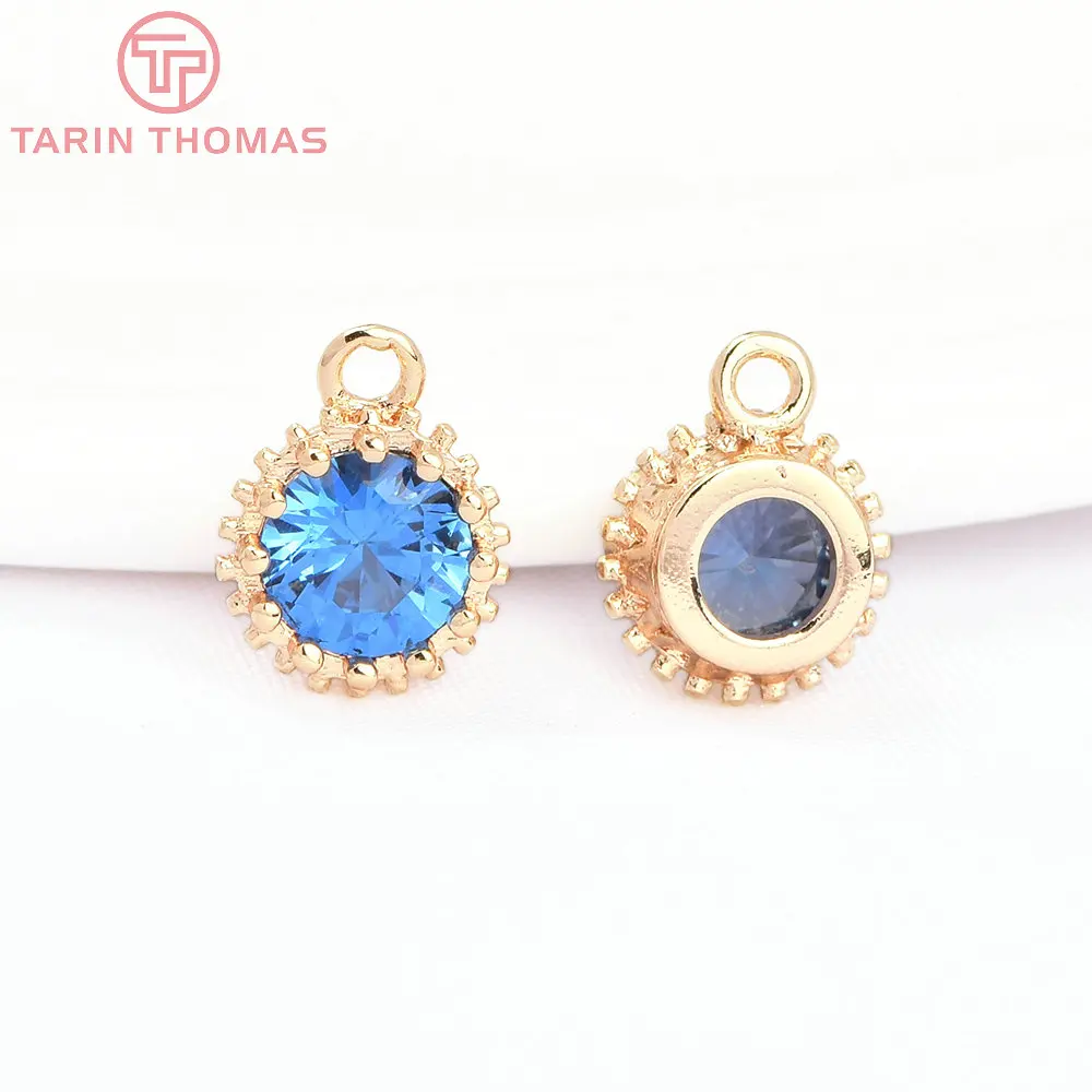 (898) 6PCS 7MM 24K Gold Color Brass with Zircon Round Charms Pendants High Quality DIY Jewelry Making Findings Wholesales