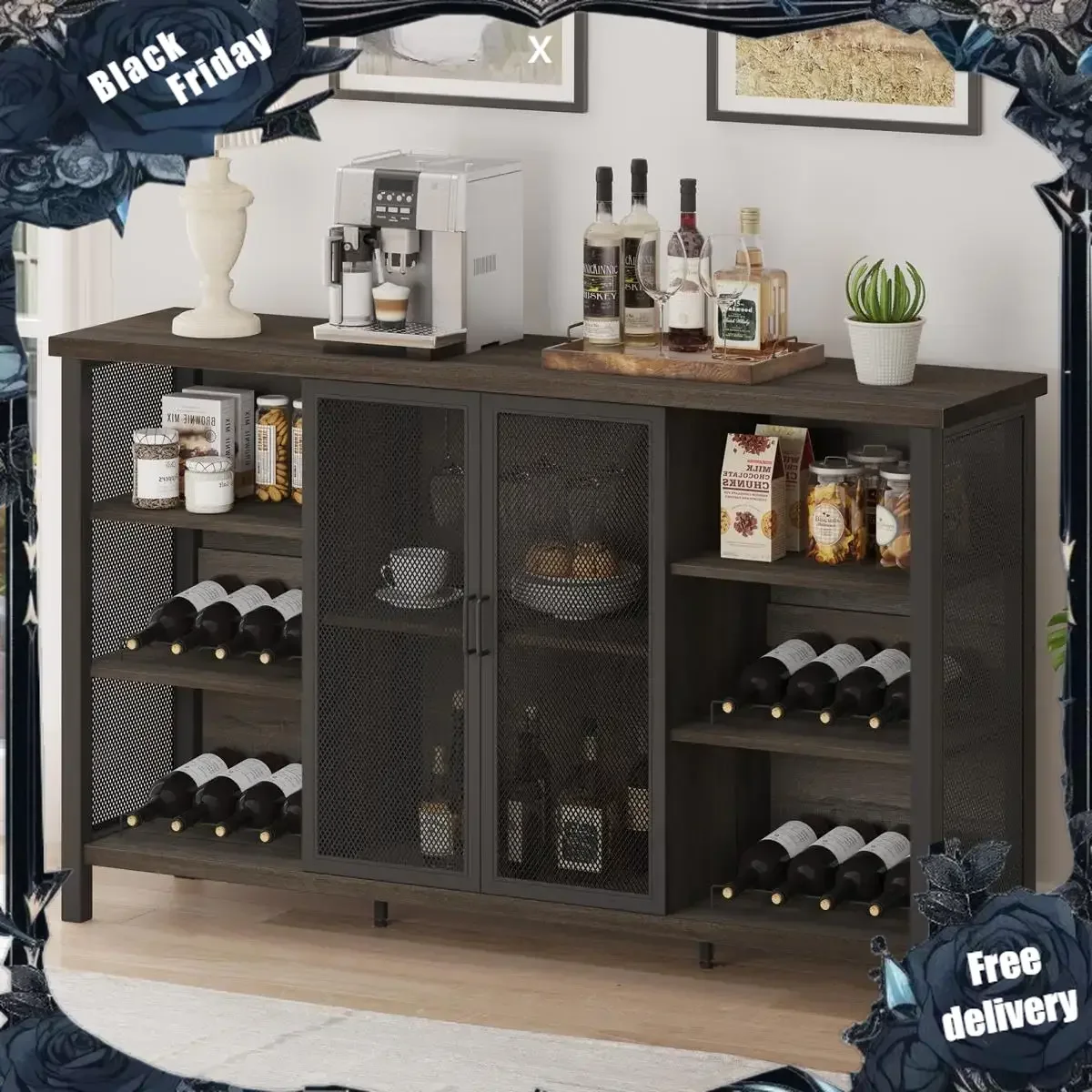 I Wine Bar Cabinet for Liquor and Glasses, Industrial Coffee Bar Cabinet, Farmhouse Sideboard and Buffet Cabinet with Storage