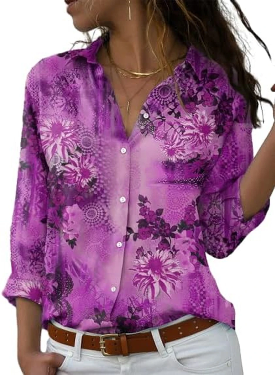 2026 Women's Fashion Long Sleeve Lapel Shirt Color Gradient Natural Plant 3D Printed Shirt Street Workplace Women's Social Shirt