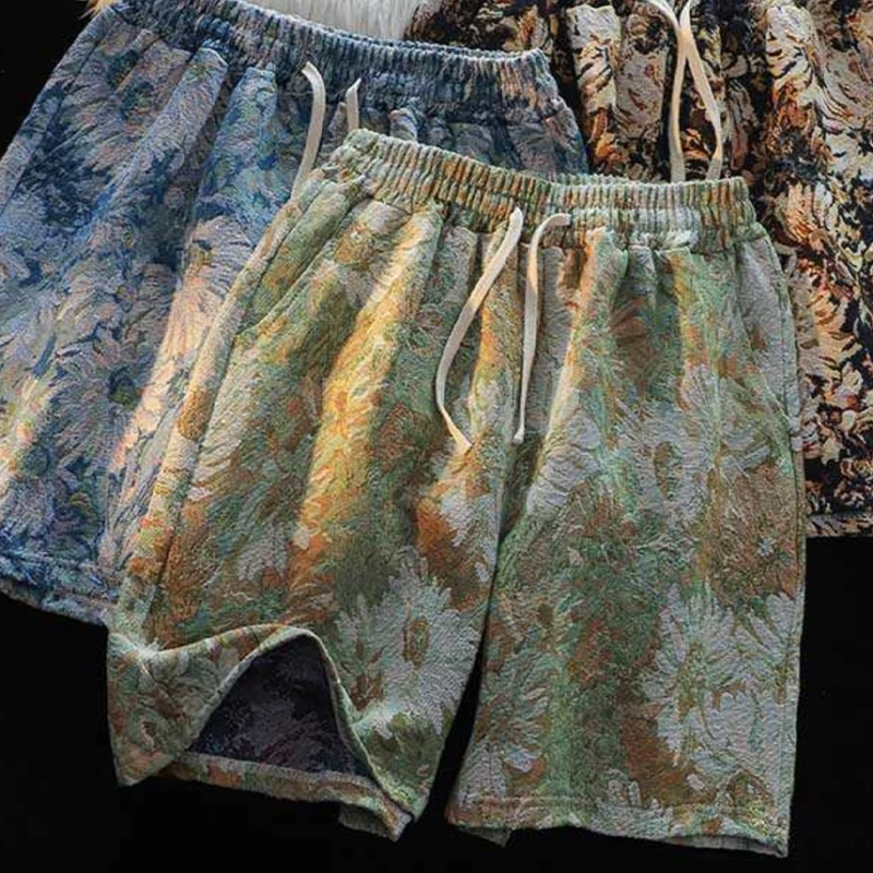 Summer Thin Print Shorts Men Chinese Straight Leg Handsome Casual Loose Drawstring Pants Fashion Versatile Pockets Trousers