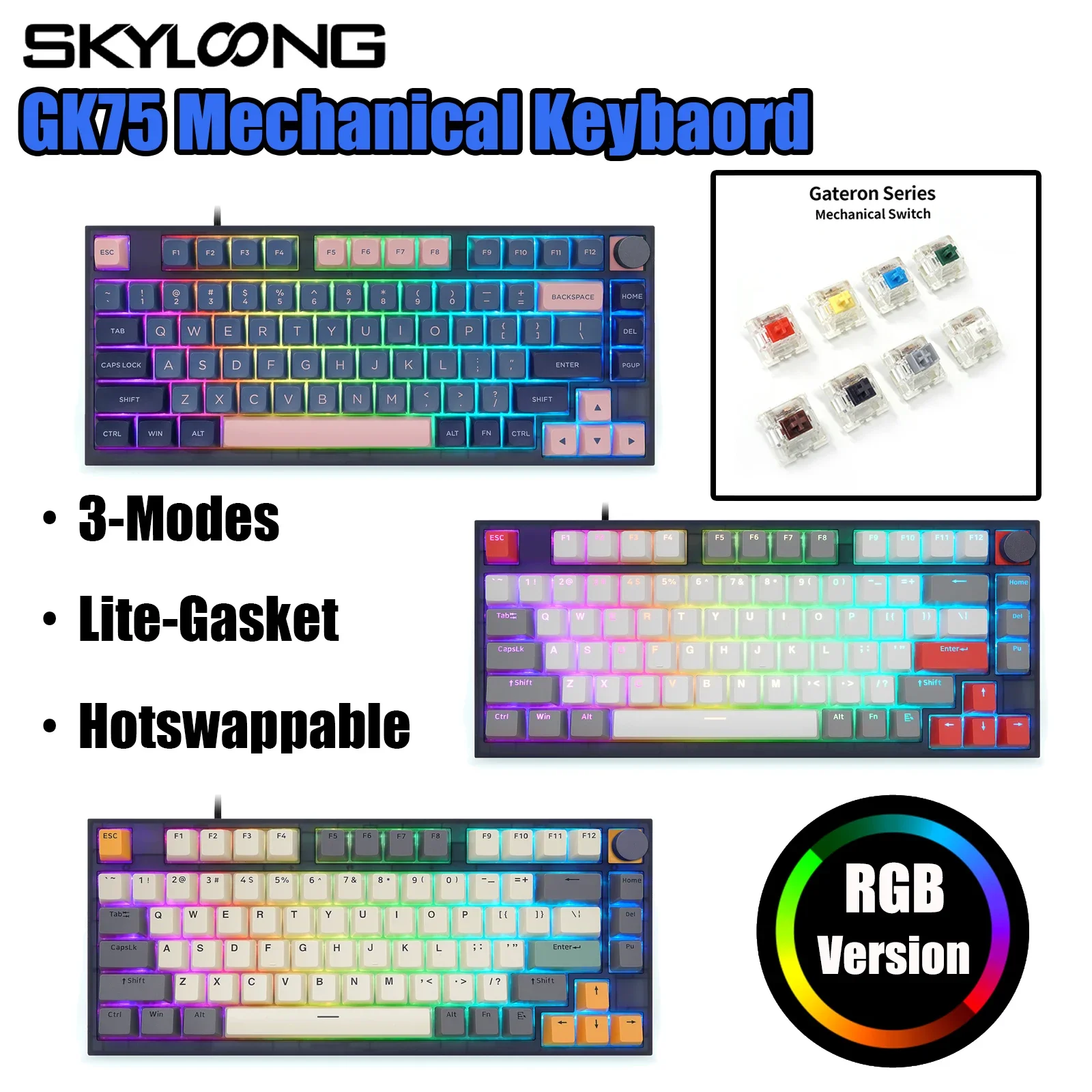 

Беспроводная механическая клавиатура Skyloong 75% GK75, 3 режима, Bluetooth 2,4G RGB, прокладка, горячая Распродажа, PBT Keycap, переключатели Gateron Pro