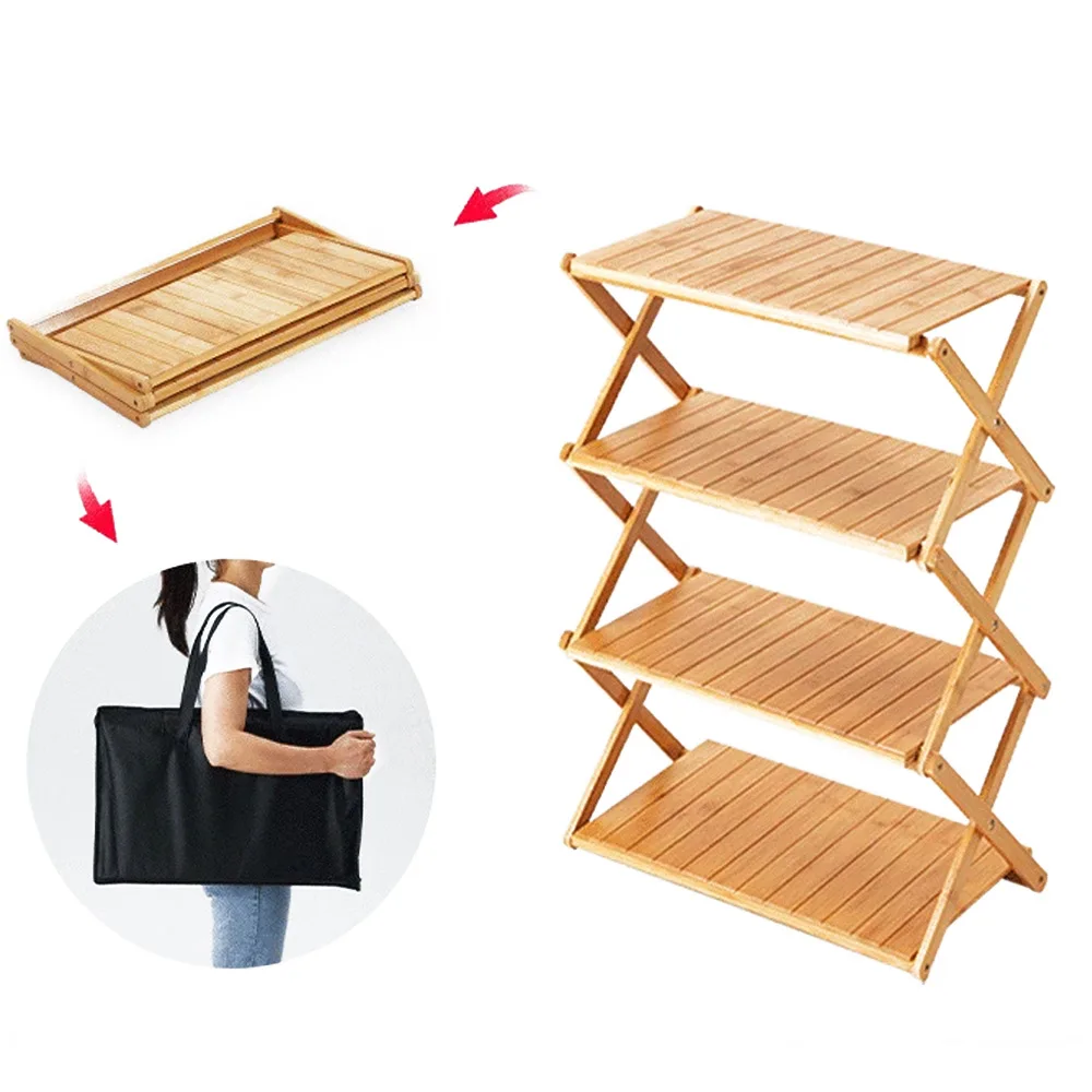 Mesa dobrável multifuncional ao ar livre, prateleira de armazenamento, portátil, multi-camada, piquenique Louça Rack, bambu