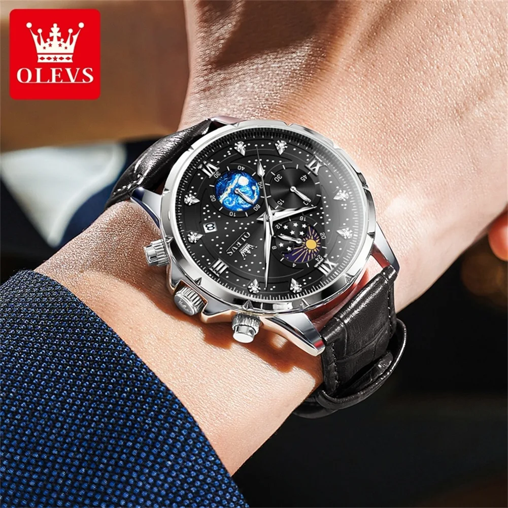 OLEVS 9807 Men\'s Watches Original Quartz Watch for Man Multifuncion Chronograph Waterproof Luminous Moon Phase 24 Hours Display