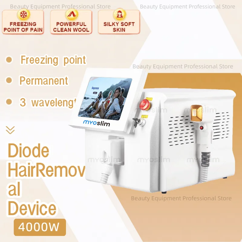 

4000W 3 Wavelengths 755/808/1064nm Diode Laser Hair Removal Machine - Portable Cooling Head Painless Epilator