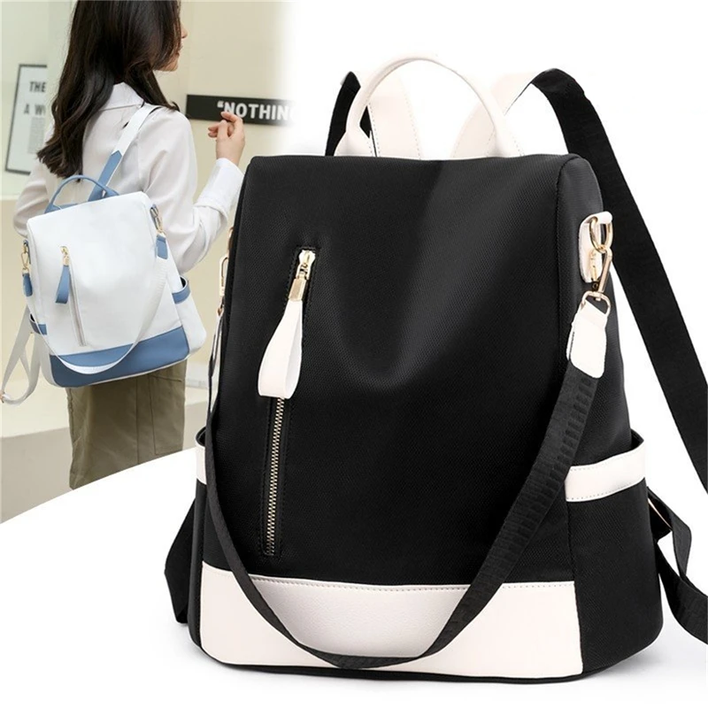 Waterproof Oxford Cloth Stitching Women's Backpack Anti-theft Back Zipper Girls Schoolbag Casual Travel Single Shoulder Backpack