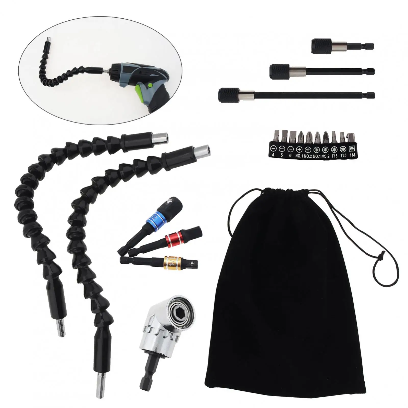 19pcs/set Drill Bit Set Universal Socket Adapter Drill Bit Holder Extension 105 Degrees Drill Bit Attachment Screwdriver Bit Kit