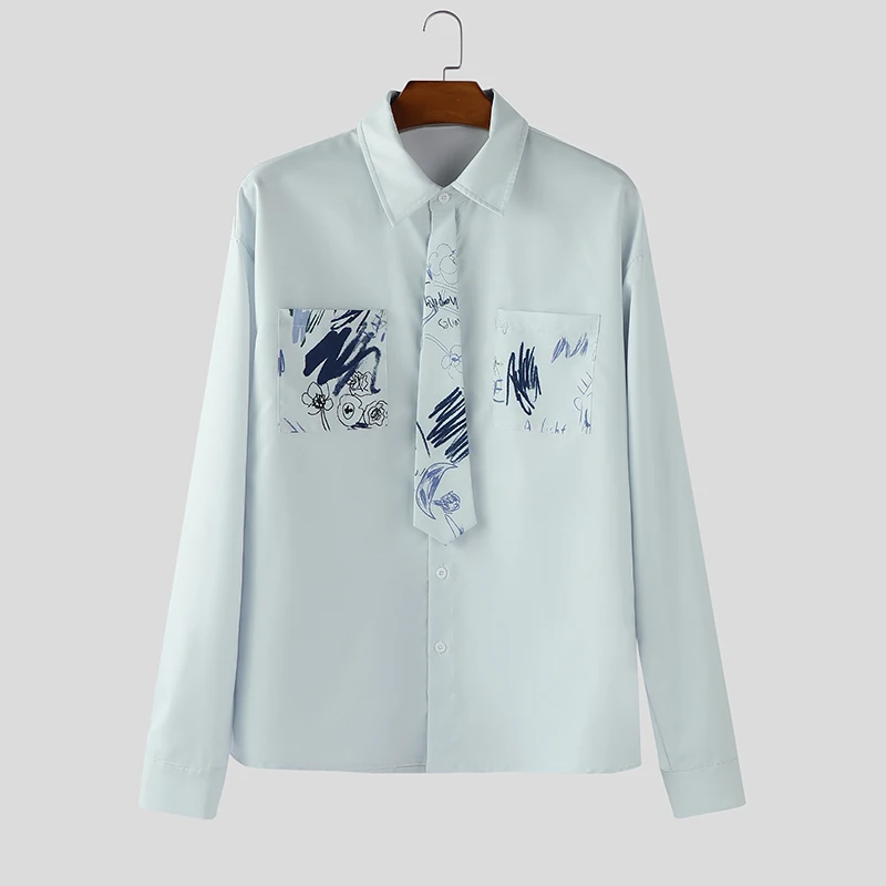 

INCERUN Мужская рубашка с принтом и лацканами, с длинным рукавом, корейский стиль, мужская одежда, уличная одежда, большие размеры, 2025 г., модные повседневные мужские рубашки, S-5XL