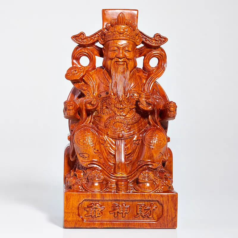

Pear wood carving, God of Wealth Buddha statue, household worship, solid wood carving, living room, redwood feng shui carving,