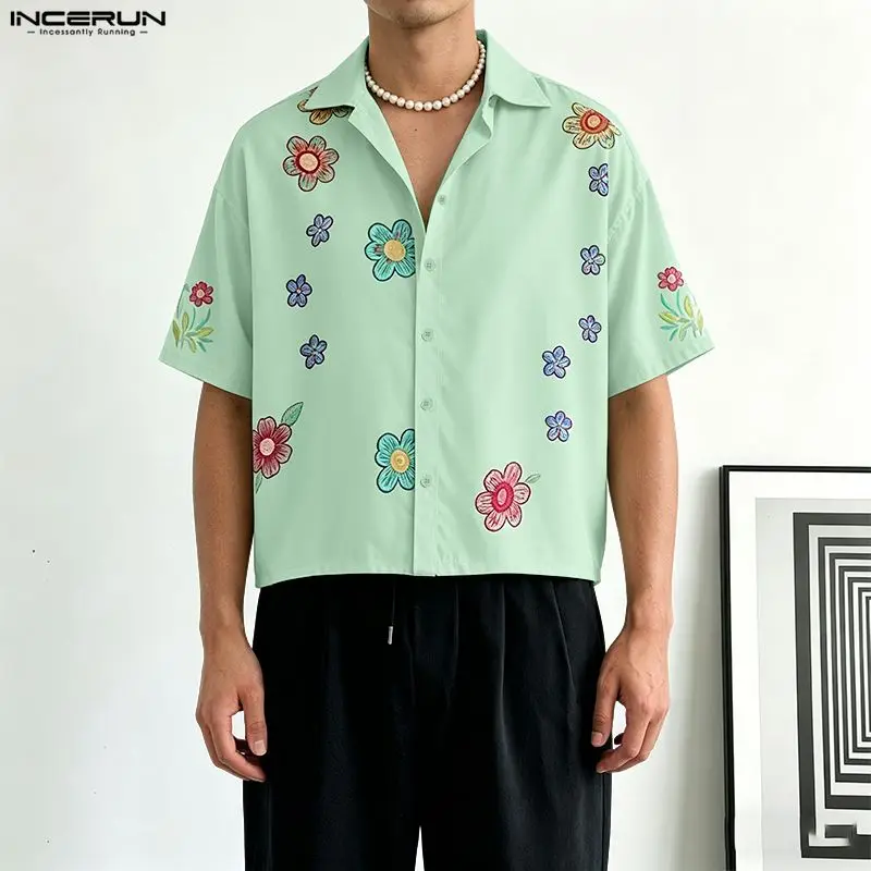 INCERUN Men's Shirt Flower Printing Lapel Short Sleeve Button Men Clothes Summer Streetwear 2026 Vacation Hawaiian Shirts Tops