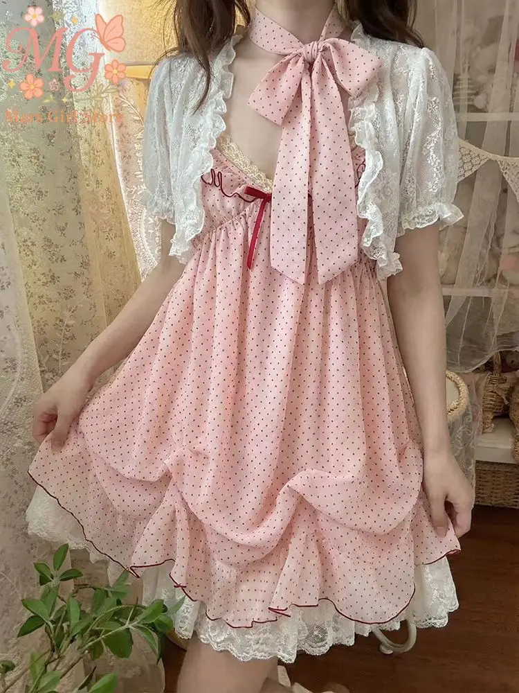 

Японский винтажный кардиган с кружевным бантом и ретро-платье в горошек на бретельках, комплект из 2 предметов, женский, весенний, милый, кавайный наряд