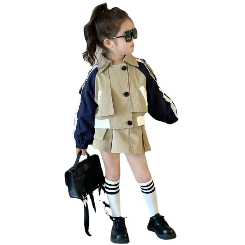 2024 Spring New Girl\'s Fashionable Spliced Coat and Pleated Skirt Two Piece Set for Korean Baby Fashion Workwear Set